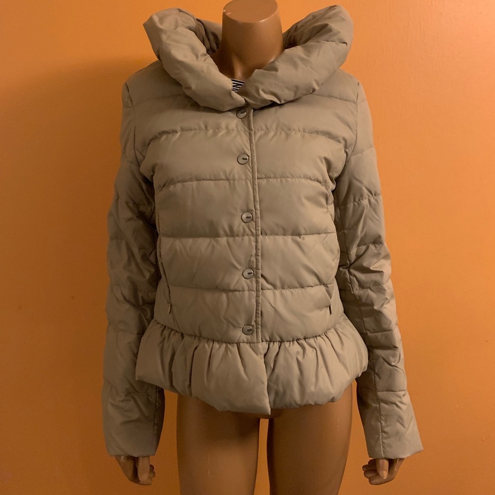 BCBGMaxAzria tan down jacket with ruffles